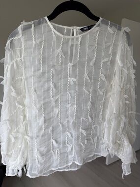 Zara White Sheer Tassel Textured Blouse